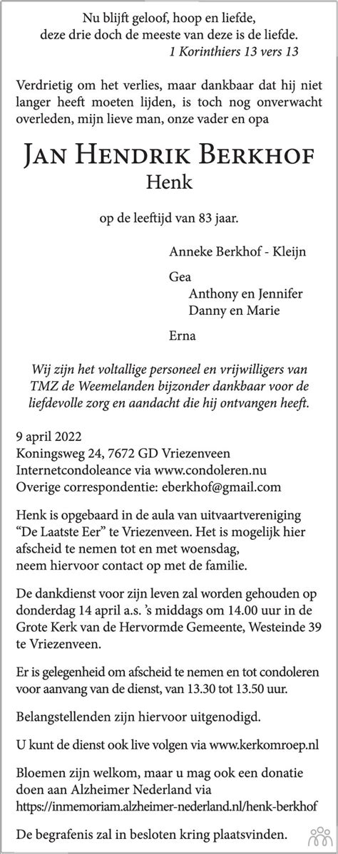 Jan Hendrik Henk Berkhof 09 04 2022 Overlijdensbericht En