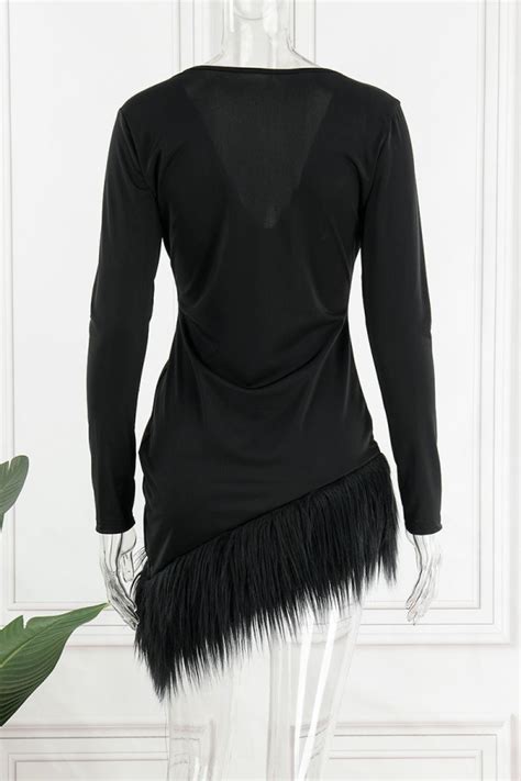 Wholesale Rose Red Sexy Solid Patchwork Feathers Asymmetrical V Neck