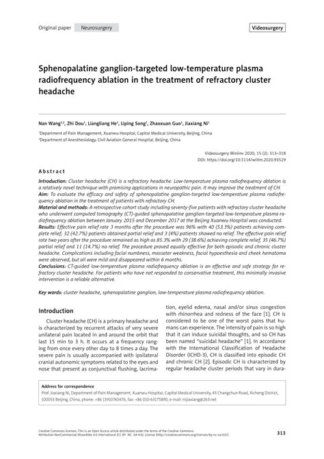 Pdf Sphenopalatine Ganglion Targeted Low Temperature Plasma Radiofrequency Ablation In The