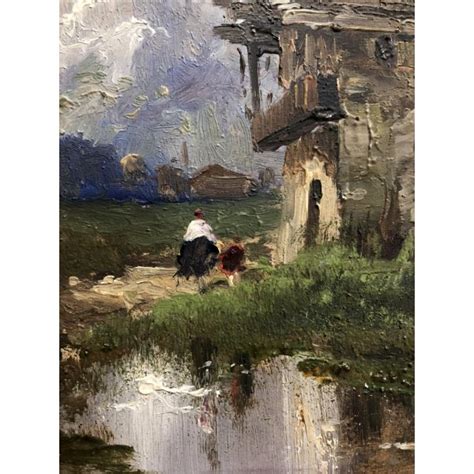 Antico Quadro Dipinto Olio Paesaggio Montano Baita Figure Laghetto Montagna