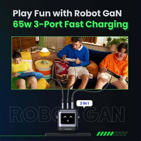 UGREEN RG 65W USB C Charger Nexode 3 Port Robot GaN Fast Charger Block