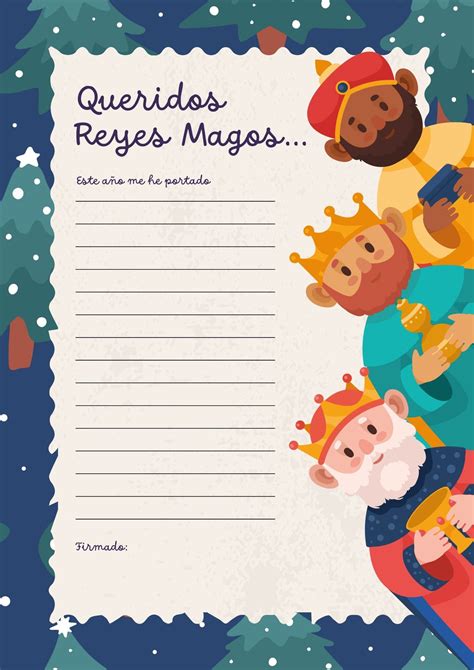 Documento A Carta Reyes Magos Ilustrado Azul Verde Plantillas De