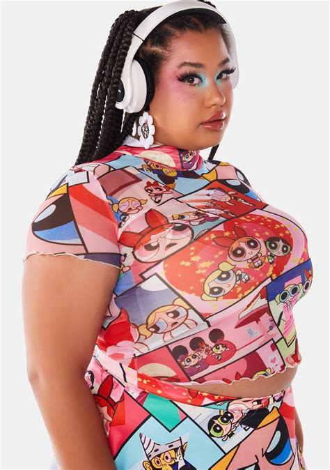 Plus Size Dolls Kill X Powerpuff Girls Graphic Mock Neck Crop Top Multi