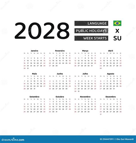 Calendar 2028 Portuguese Language with Brazil Public Holidays. Stock
