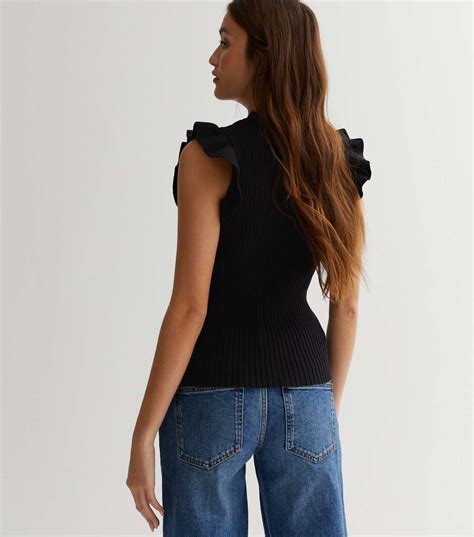 Cameo Rose Black Ribbed Knit Button Frill Top New Look