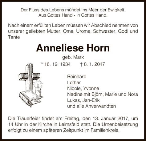 Traueranzeigen Von Anneliese Horn Trauer Hna De