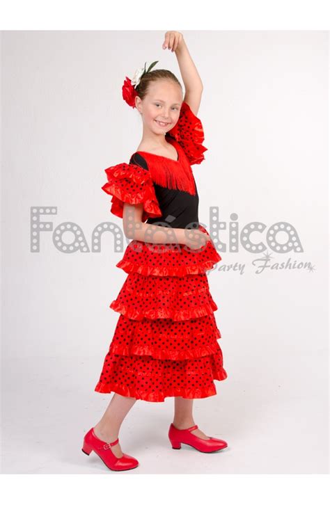 Vestido de Flamenca Sevillana para Niña Color Negro y Rojo con Lunares II