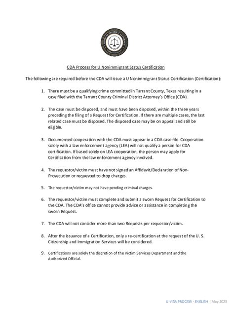 Fillable Online CDA Process For U Nonimmigrant Status Certification Fax