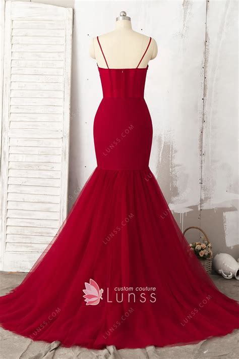 Beaded Ruby Lace Illusion Bodice Tulle Trumpet Prom Gown Lunss