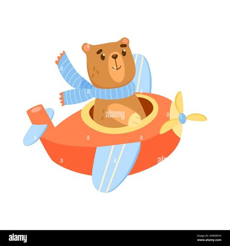 Cute Comic Bear Flying On Airplane Cartoon Illustration Stock Vector