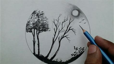 Easy and Beautiful Scenery Drawing step by step / tree drawing with charcoal pencil