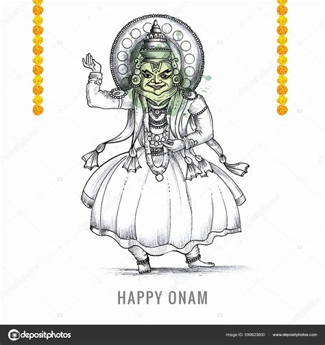 Hand Draw Happy Onam Festival South India Card Holiday Sketch Stock