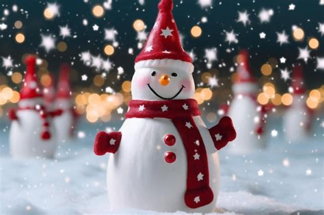 Premium AI Image Snowman With Red Scarf And Hat On The Background Of