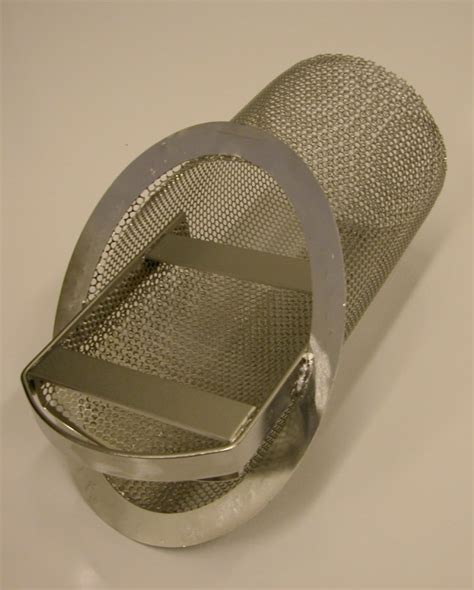 A strainer basket made of 304 stainless steel perforated metal that has ...