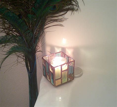 Stained Glass Candle Holder With Bevels 3 X 3 X 3 Multiple Colors