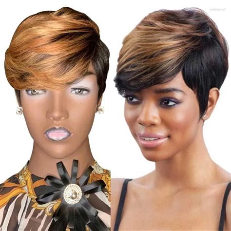 Wigera Honey Blonde Ombre Pixie Cut Synthetic Bob Wig With Short Hair With Bangs Full Manchine