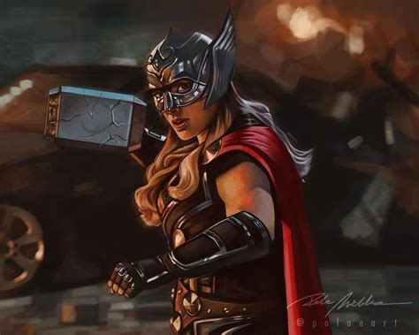 A Painting Of A Woman Dressed As Thor From The Avengers Movie Holding