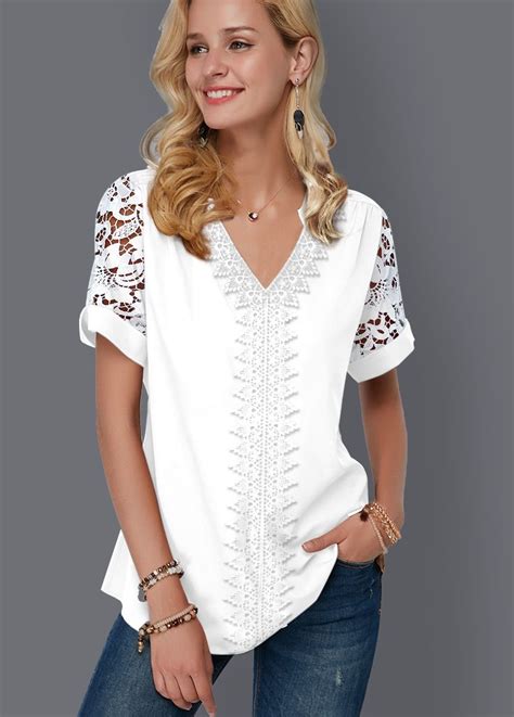 Rotita Split Neck Lace Panel Short Sleeve Blouse Stylish Tops For Women