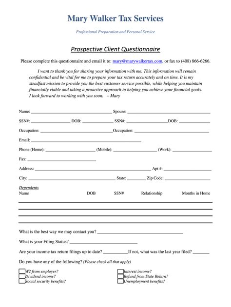 Prospective Client Questionnaire Mary Walker Tax Services Fill Out