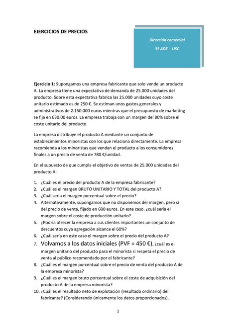 Interactiva Precios y m Ã Ârgenes EJERCICIOS DE PRECIOS Ejercicio 1