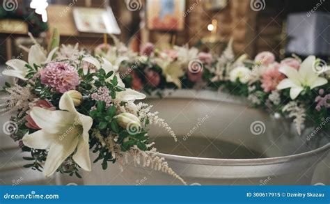 Church Font Decorated with Flowers for Infant Baptism. Stock Video ...