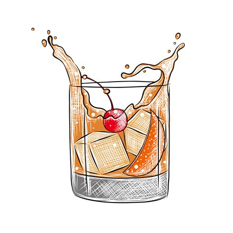 Vector Engraved Style Old Fashioned Alcoholic Cocktail Illustration For