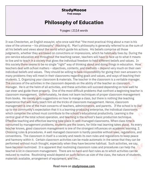 Philosophy Of Education Free Essay Example