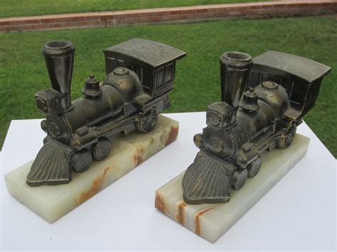 vintage brass train locomotive steam engine book ends  marble base