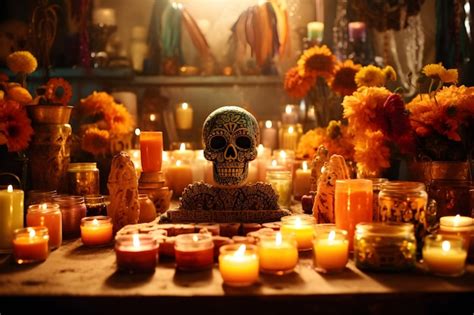 Premium AI Image | Traditional Day of the Dead altar with candles and offerings