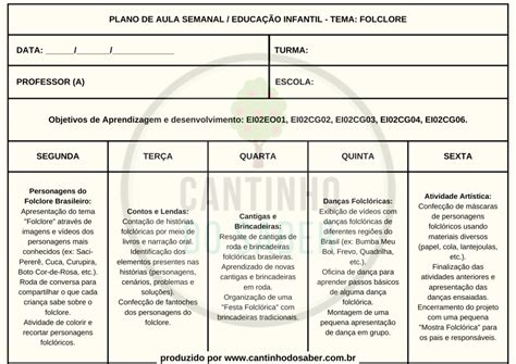 PLANO DE AULA SEMANAL SOBRE O FOLCLORE DA EDUCAÇÃO INFANTIL ALINHADO