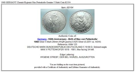 1968 GERMANY Chemist Hygienist Max Pettenkofer Genuine 5 Mark Coin