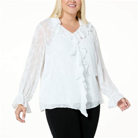 Jaclyn Smith Long Sleeve White Ruffle Front Top With Camisole