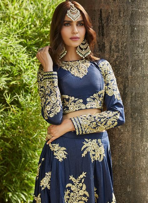 Navy Blue Heavy Embroidered Lehenga Features A Taffeta Silk Top