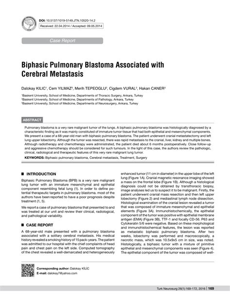 Pdf Biphasic Pulmonary Blastoma Associated With Cerebral Metastasis