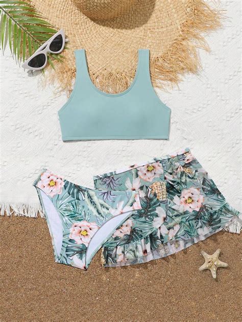 Conjunto De Bikini De 3 Piezas Parte Superior Bottom Falda Con Estampado De Plantas Y