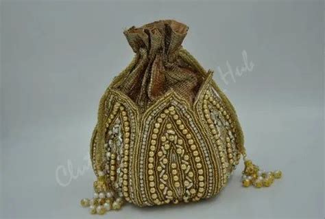 Indian Golden Handcrafted Royal Pearl Beaded Clutch Potli Bag Wedding