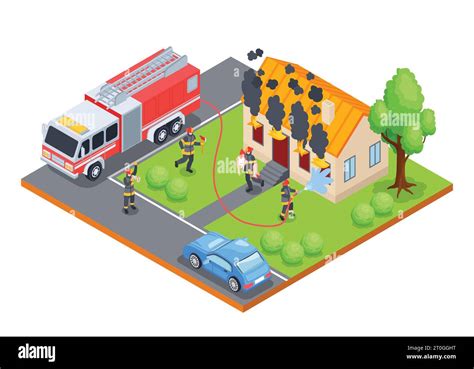 Isometric Firefighter Composition With Isolated Outdoor View Of Burning