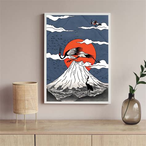 Ukiyo E Style Art Print Mount Fuji Crane Japan Poster Etsy