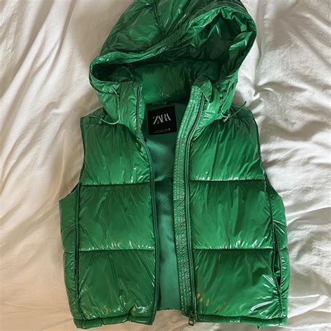 Green Shiny Zara Puffer Vest Size Small Worn Depop