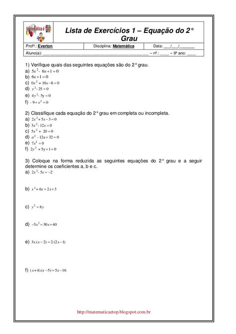 Lista De Exercícios 1 Equação Do 2° Grau