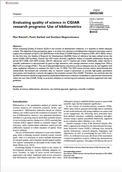 Evaluating Quality Of Science In Cgiar Research Programs Use Of