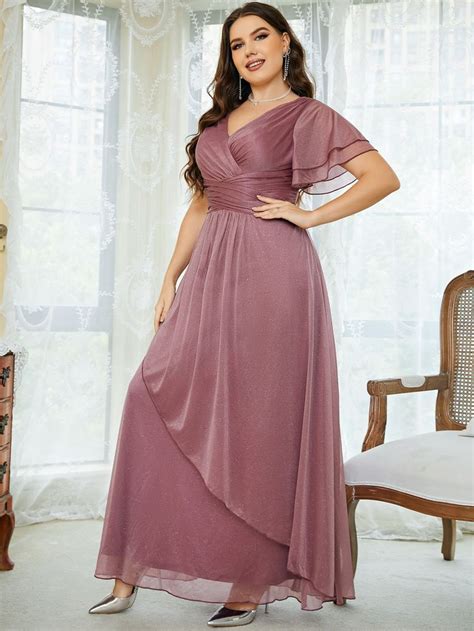 Plus Flutter Sleeve Ruched Overlap Collar Glitter Bridesmaid Dress