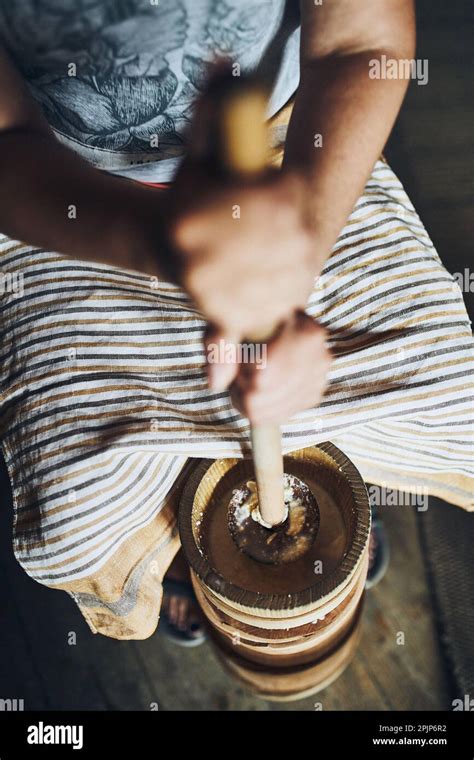 Woman Making Butter With Butter Churn Old Traditional Method Making Of