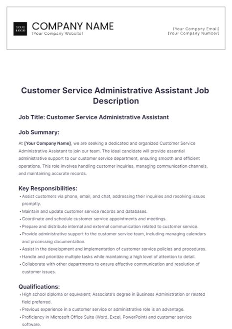 Free Customer Service Administrative Assistant Job Description Template