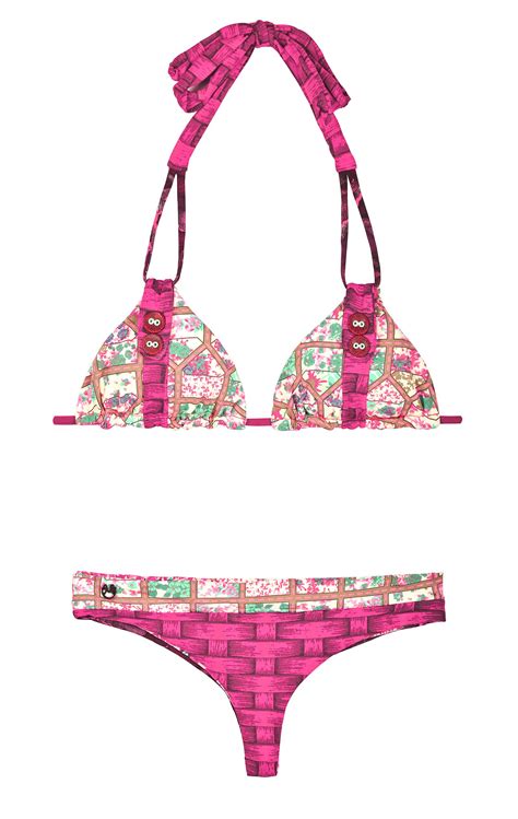 Pink String Bikini Triangle With Mixed Print Patterns Cupcake Basket