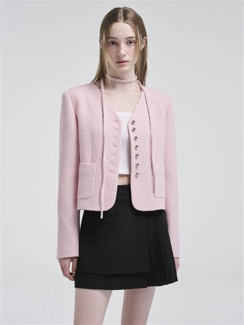 에트몽 V Neck Strap Tweed Jacket Pink 위시버킷