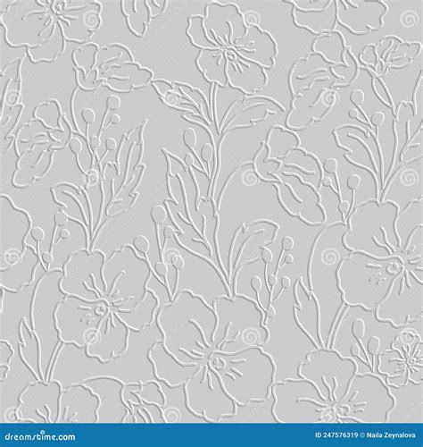 Floral 3d Embossed White Seamless Pattern Textured Line Art Flowers Relief Background Repeat