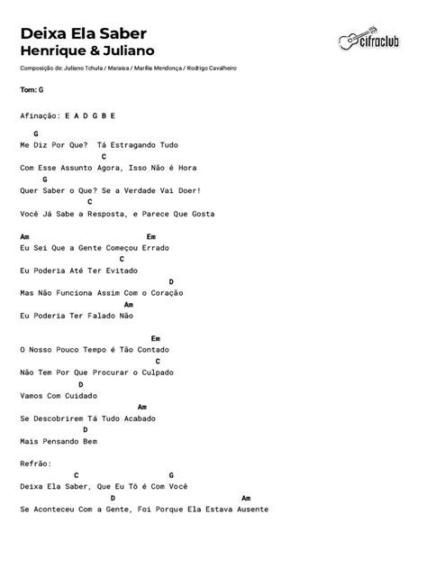 Letra De Henrique E Juliano Deixa Ela Saber - Cifra de "Deixa Ela Saber" | PDF