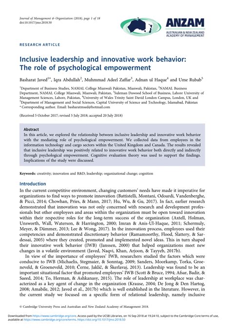 PDF Inclusive Leadership And Innovative Work Behavior The Role Of