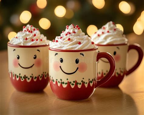 Hot Chocolate Mugs Each Decorated With A Generous Layer Of Whipped Cream Stock Image Image Of